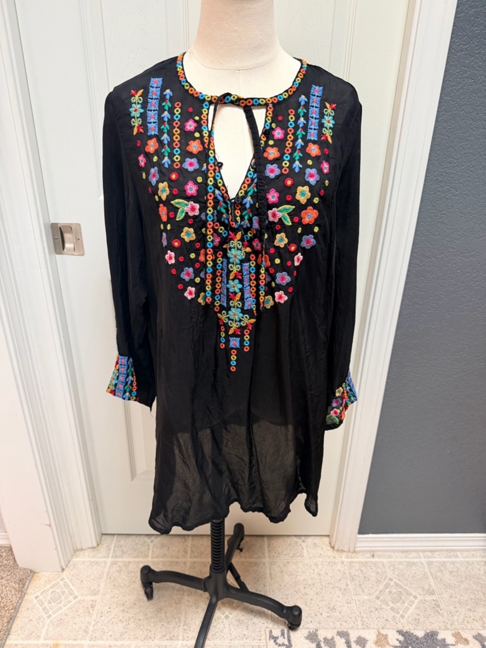 Johnny Was Black Top with Vibrant Floral Embroidery